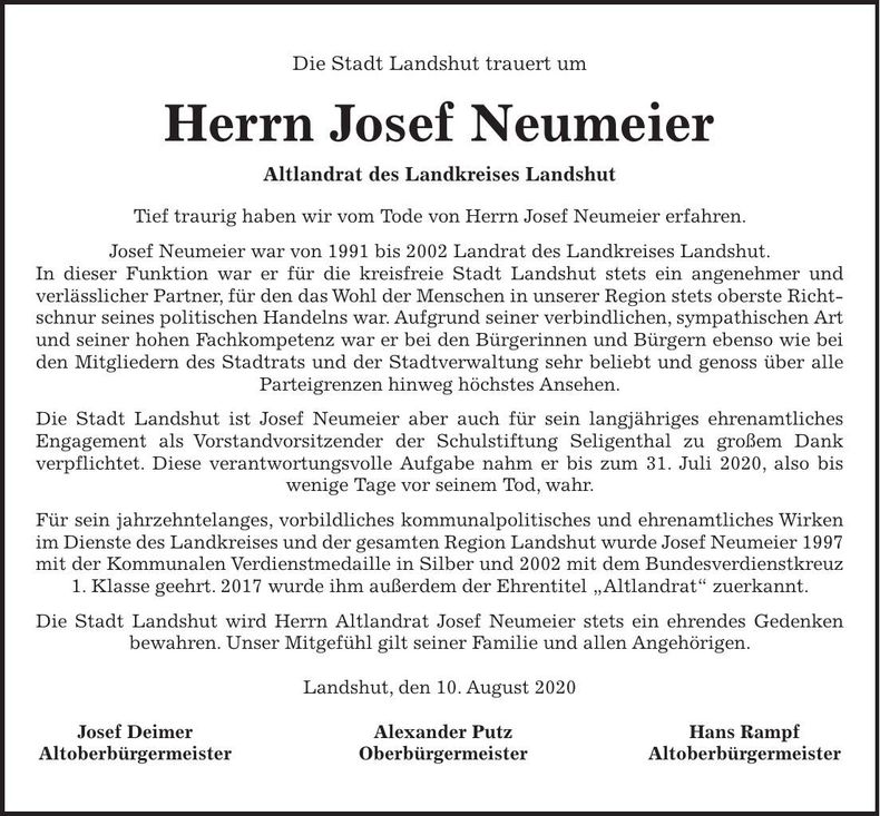 Traueranzeige Josef Neumeier