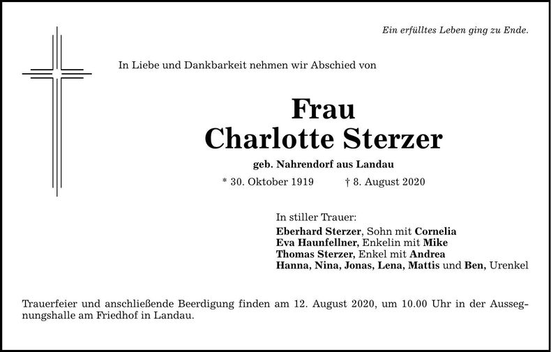 Traueranzeige Charlotte Sterzer