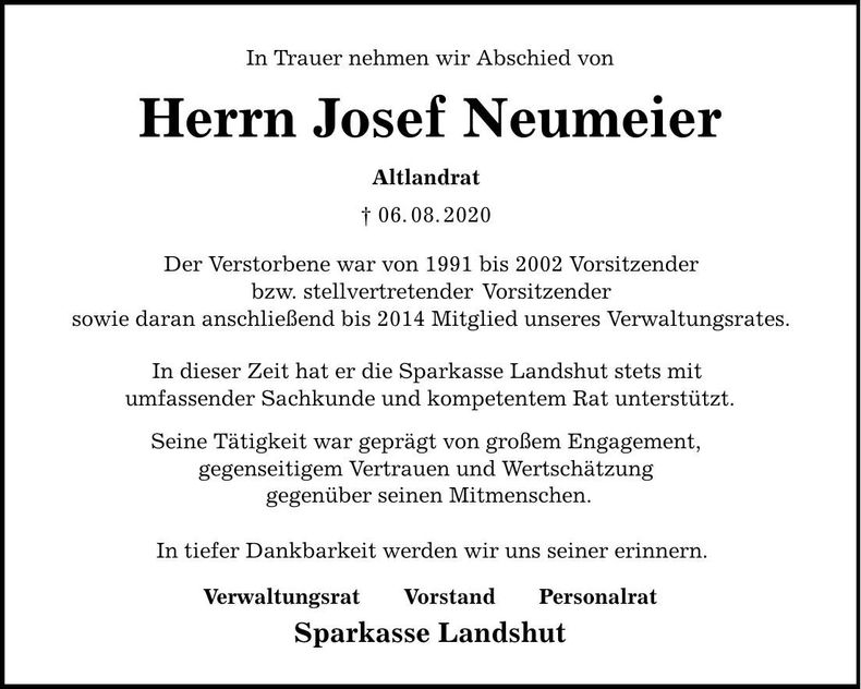 Traueranzeige Josef Neumeier