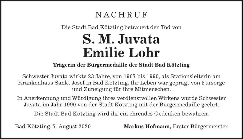 Traueranzeige S. M. Juvata Emilie Lohr