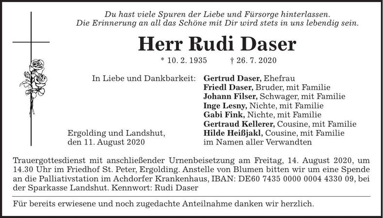 Traueranzeige Rudolf Daser