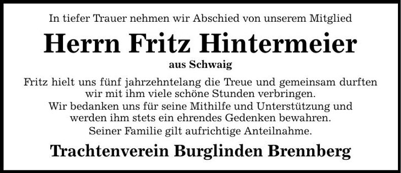 Traueranzeige Fritz Hintermeier