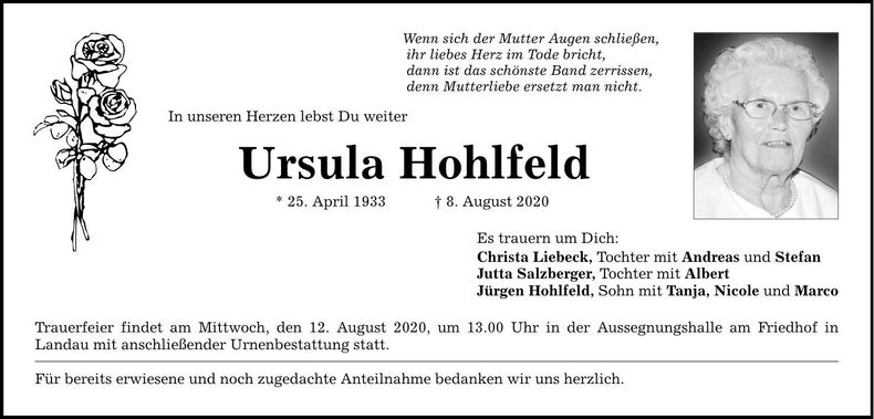 Traueranzeige Ursula Hohlfeld