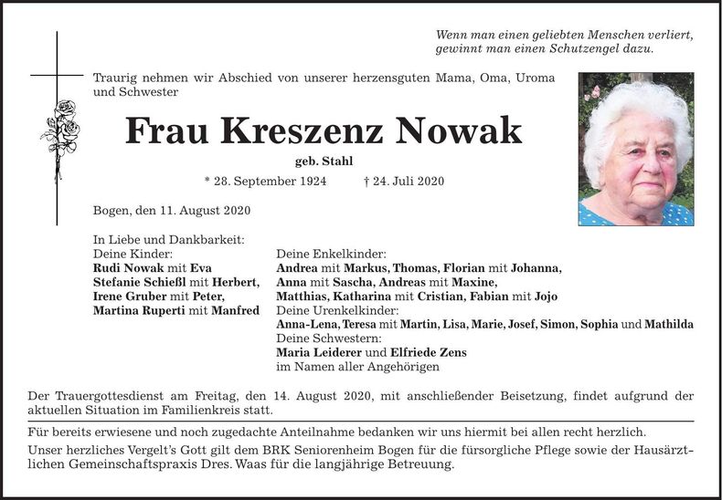 Traueranzeige Kreszenz Nowak