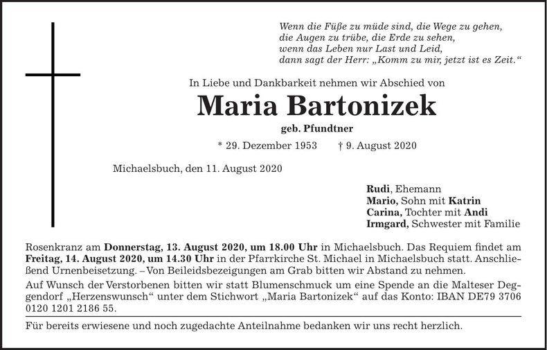 Traueranzeige Maria Bartonizek