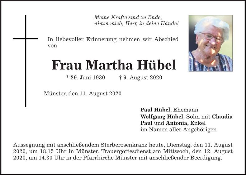 Traueranzeige Martha Hübel