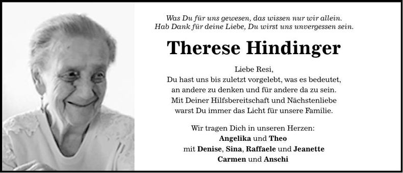 Traueranzeige Therese Hindinger