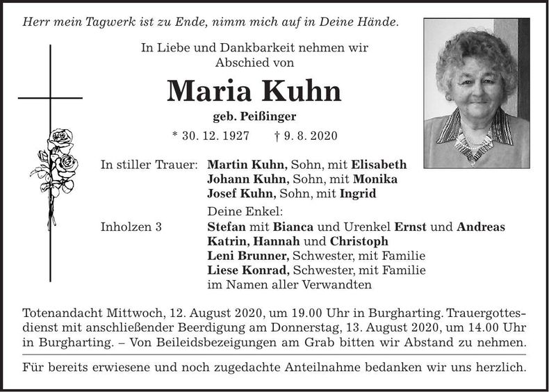 Traueranzeige Maria Kuhn