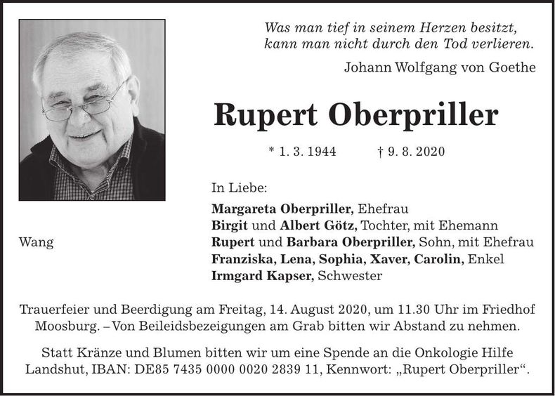 Traueranzeige Rupert Oberpriller