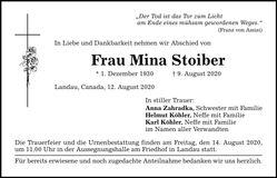 Traueranzeige Mina Stoiber
