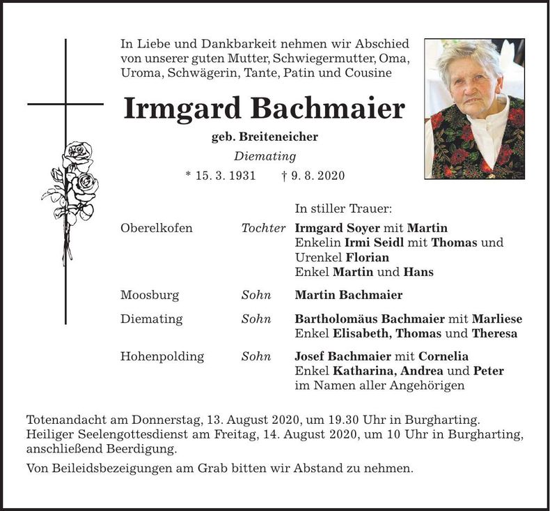 Traueranzeige Irmgard Bachmaier