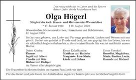 Traueranzeige Olga Högerl