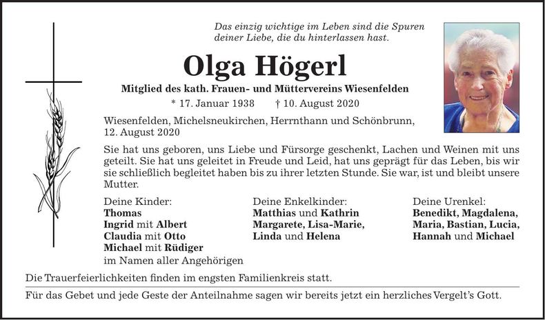 Traueranzeige Olga Högerl