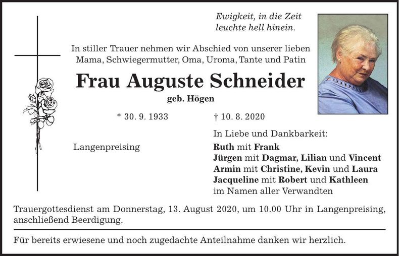 Traueranzeige Auguste Schneider