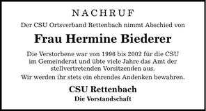 Traueranzeige Hermine Biederer