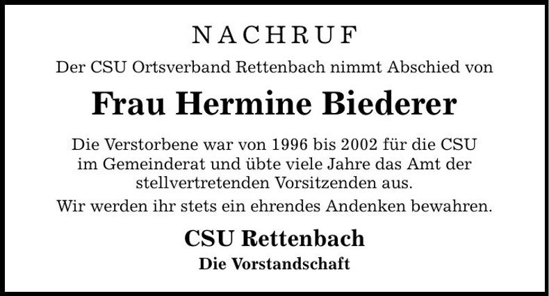 Traueranzeige Hermine Biederer