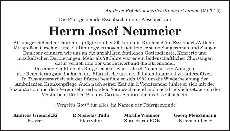 Traueranzeige Josef Neumeier