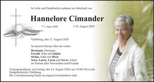 Traueranzeige Hannelore Cimander