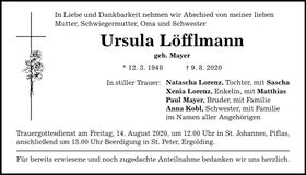 Traueranzeige Ursula Löfflmann