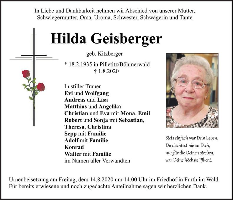Traueranzeige Hilda Geisberger