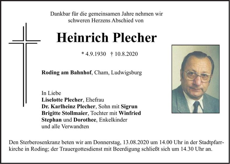 Traueranzeige Heinrich Plecher
