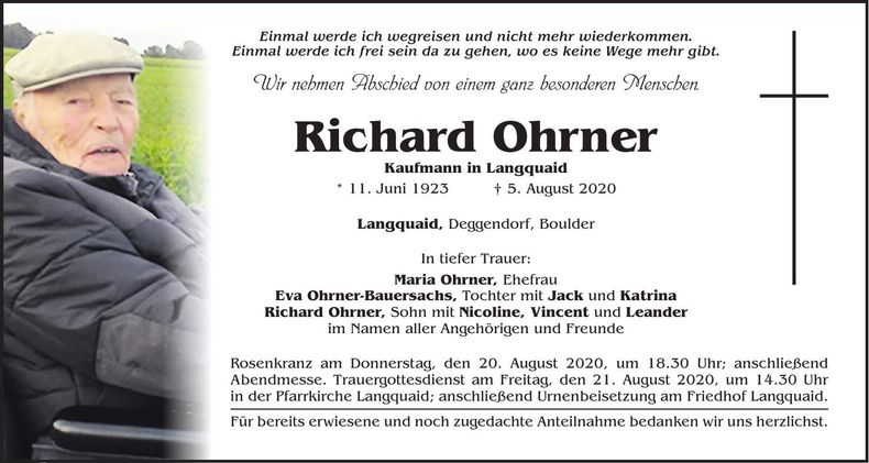 Traueranzeige Richard Ohrner
