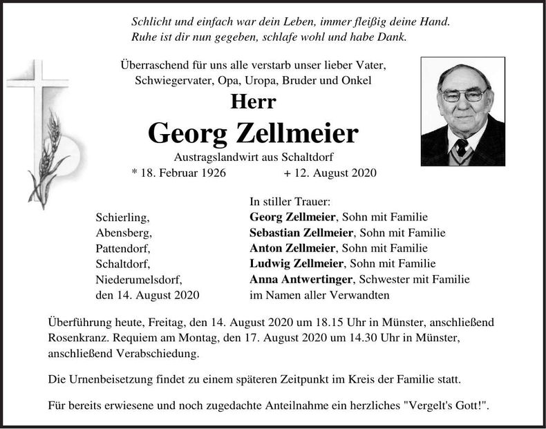 Traueranzeige Georg Zellmeier