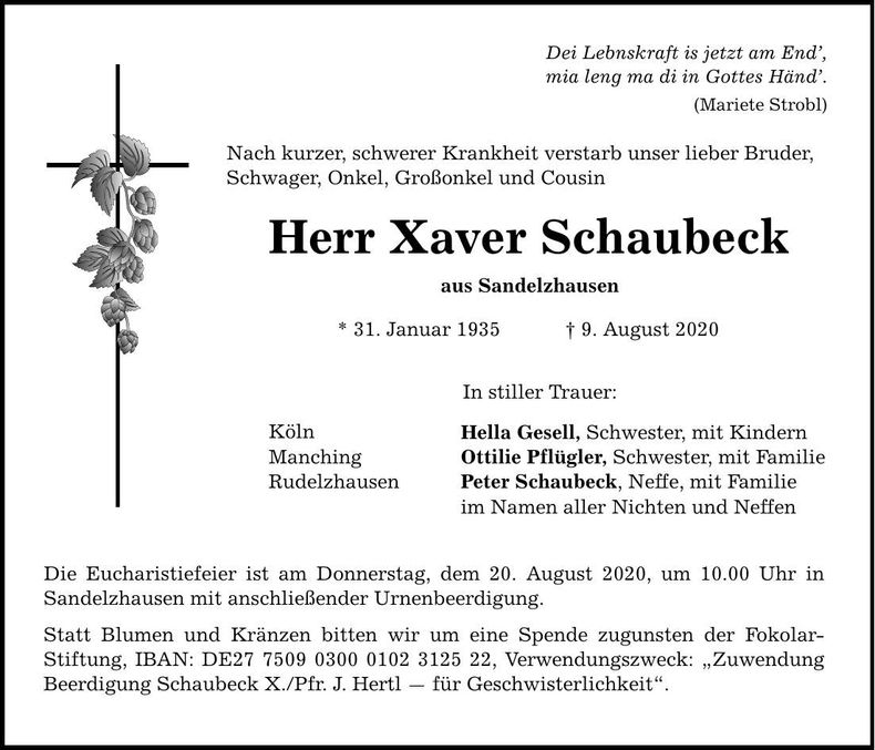 Traueranzeige Xaver Schaubeck
