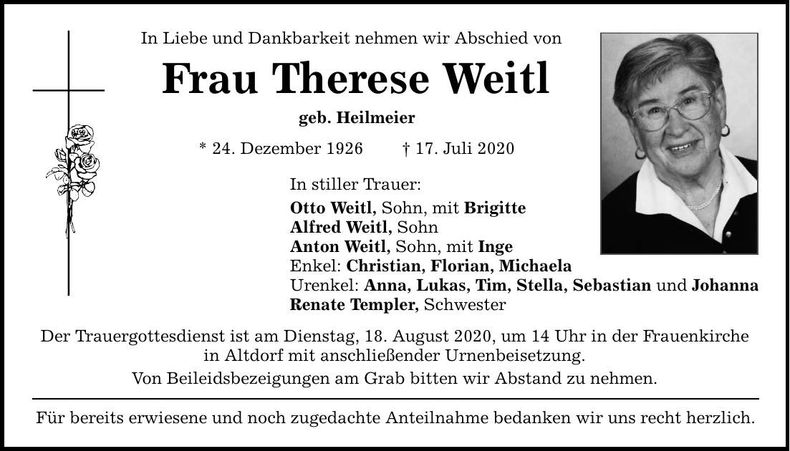 Traueranzeige Therese Weitl