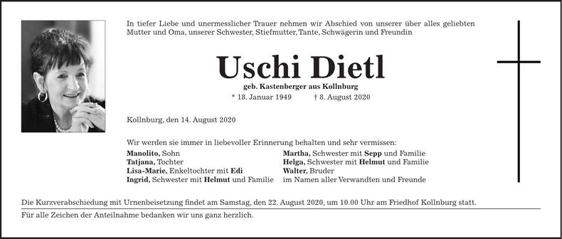 Traueranzeige Dietl Uschi