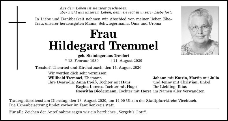 Traueranzeige Tremmel Hildegard