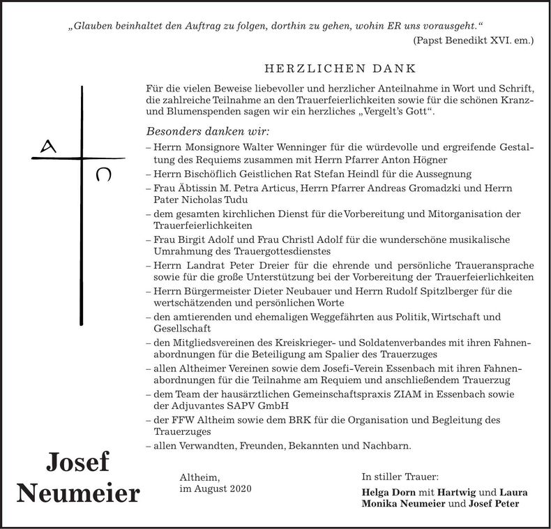Traueranzeige Josef Neumeier