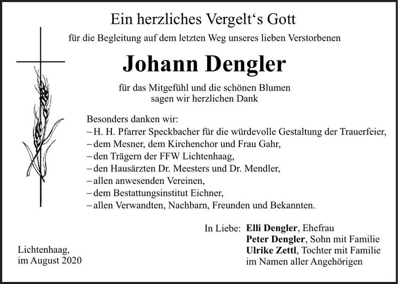 Traueranzeige Johann Dengler