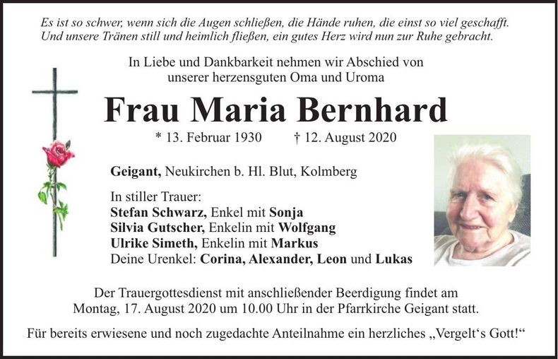 Traueranzeige Maria Bernhard