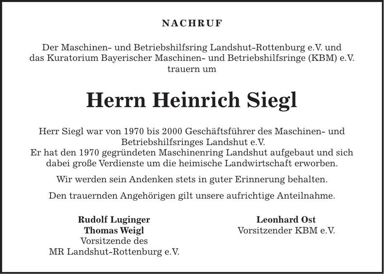 Traueranzeige Heinrich Siegl