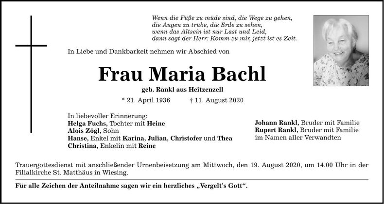 Traueranzeige Maria Bachl