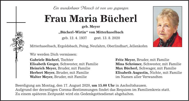 Traueranzeige Maria Bücherl