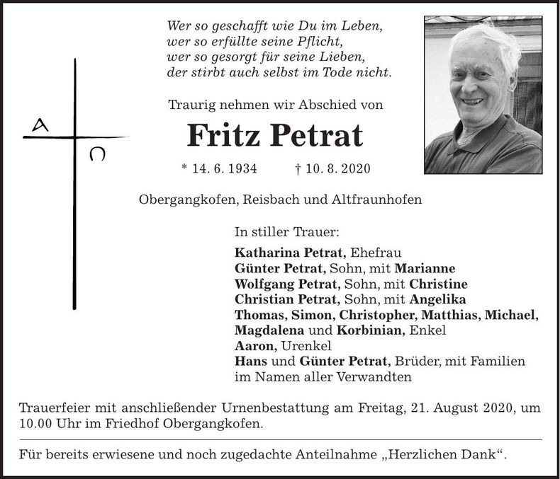 Traueranzeige Fritz Petrat