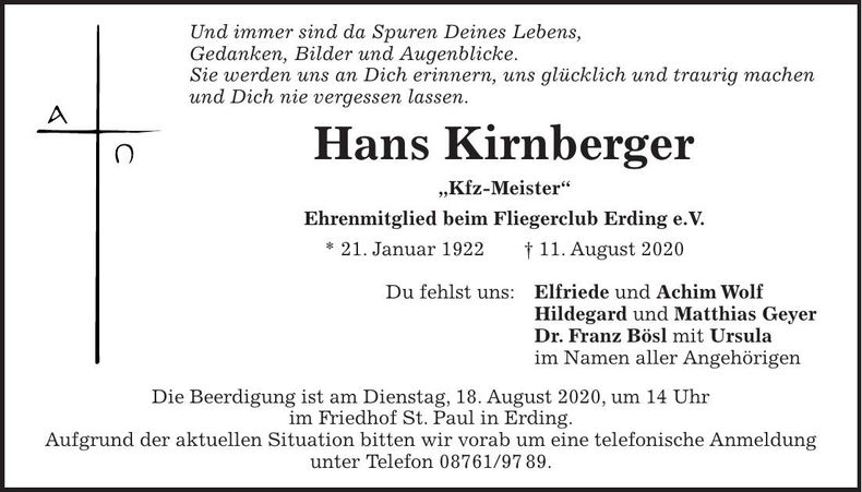Traueranzeige Hans Kirnberger