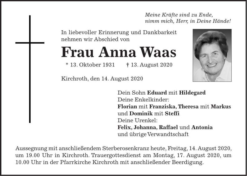 Traueranzeige Anna Waas