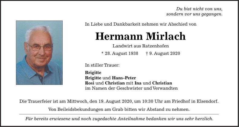 Traueranzeige Hermann Mirlach