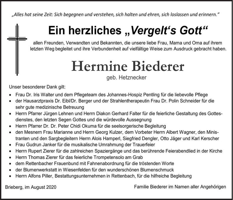 Traueranzeige Hermine Biederer