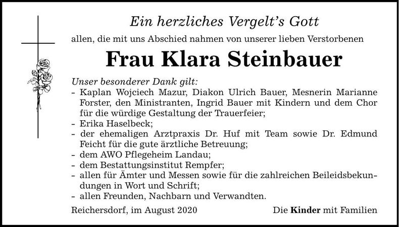 Traueranzeige Klara Steinbauer