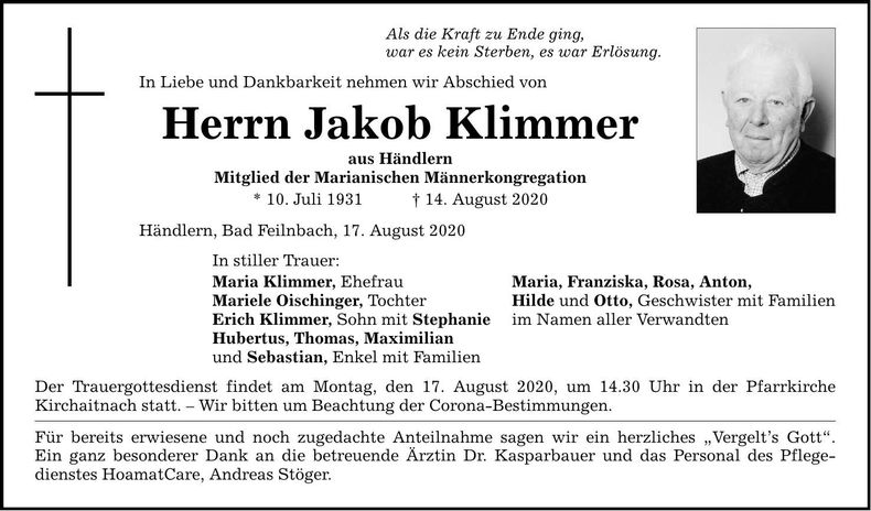 Traueranzeige Jakob Klimmer