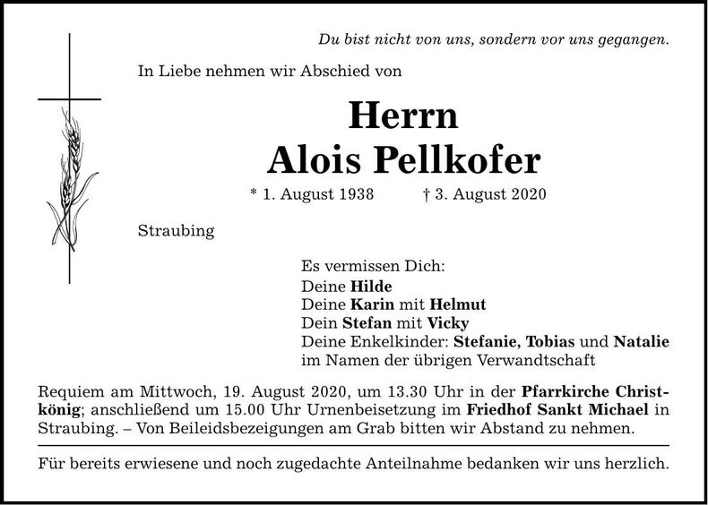 Traueranzeige Alois Pellkofer