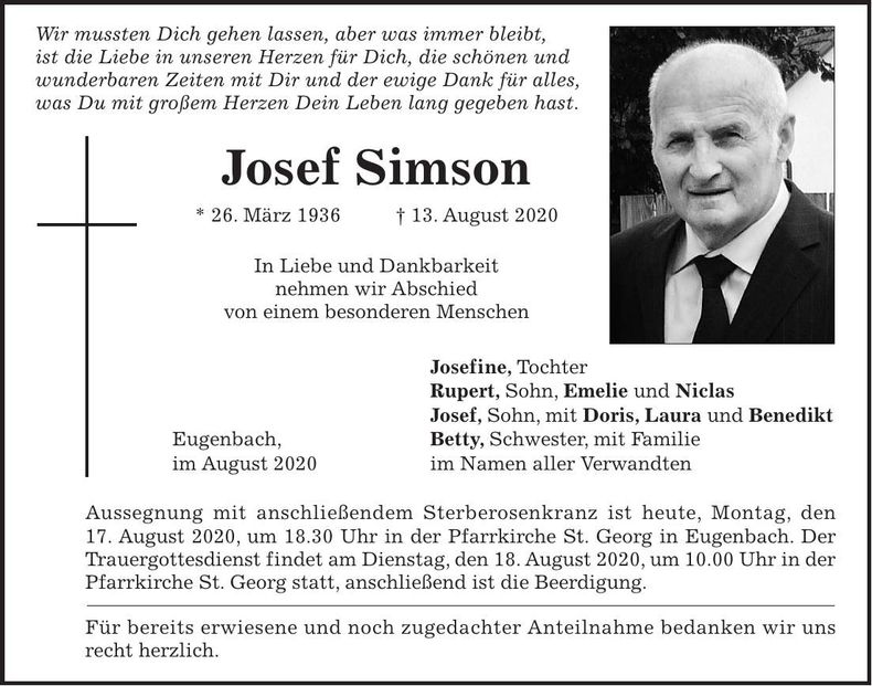 Traueranzeige Josef Simson