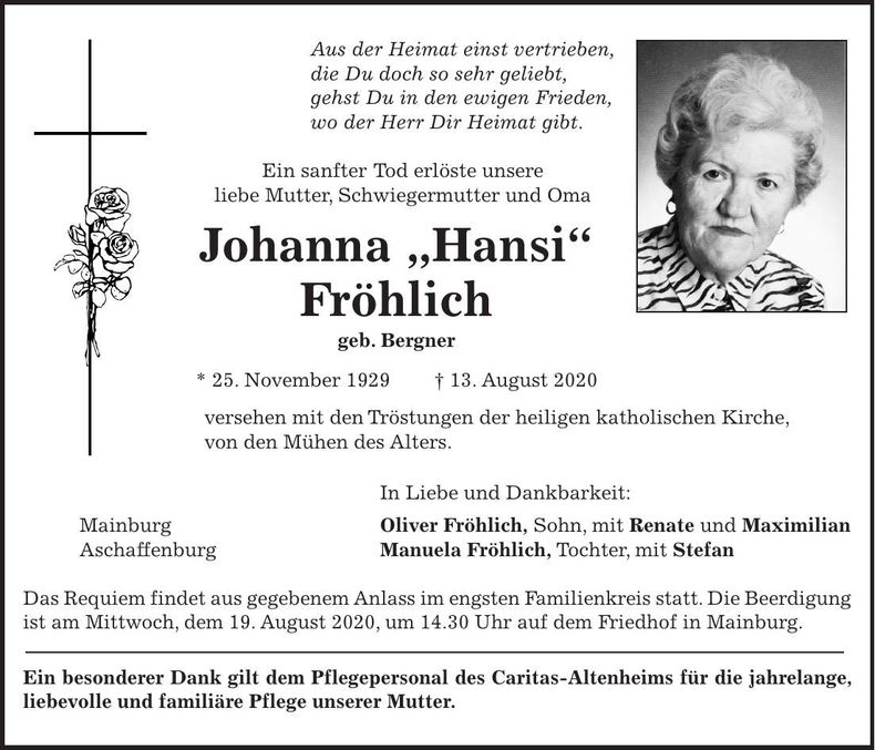 Traueranzeige Johanna Fröhlich