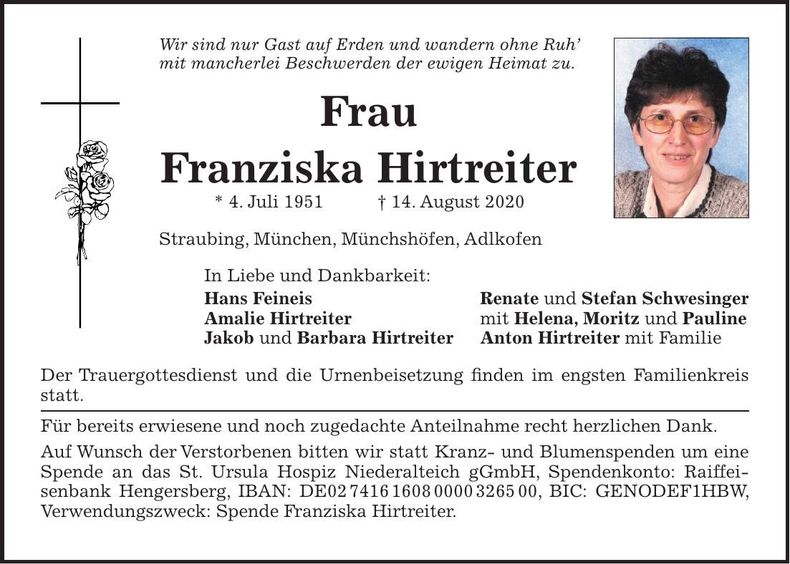 Traueranzeige Franziska Hirtreiter