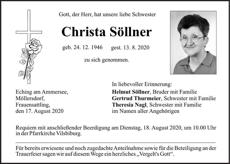 Traueranzeige Christa Söllner