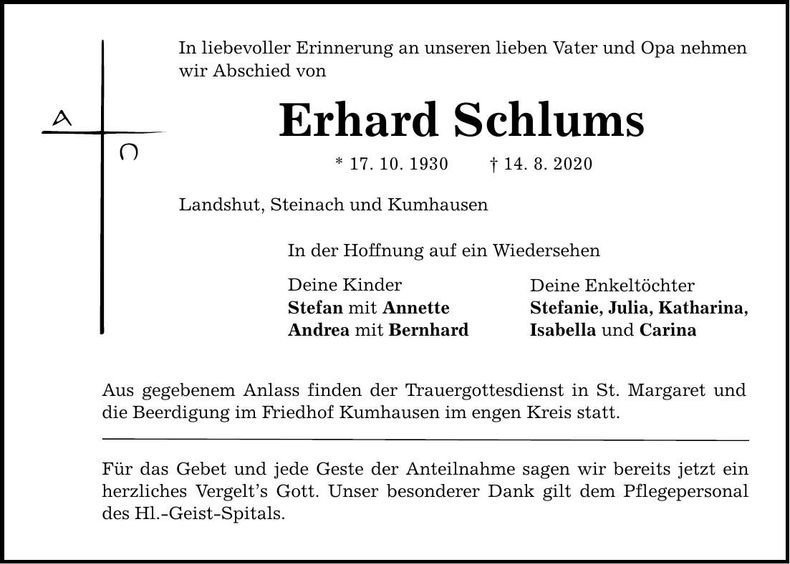 Traueranzeige Erhard Schlums